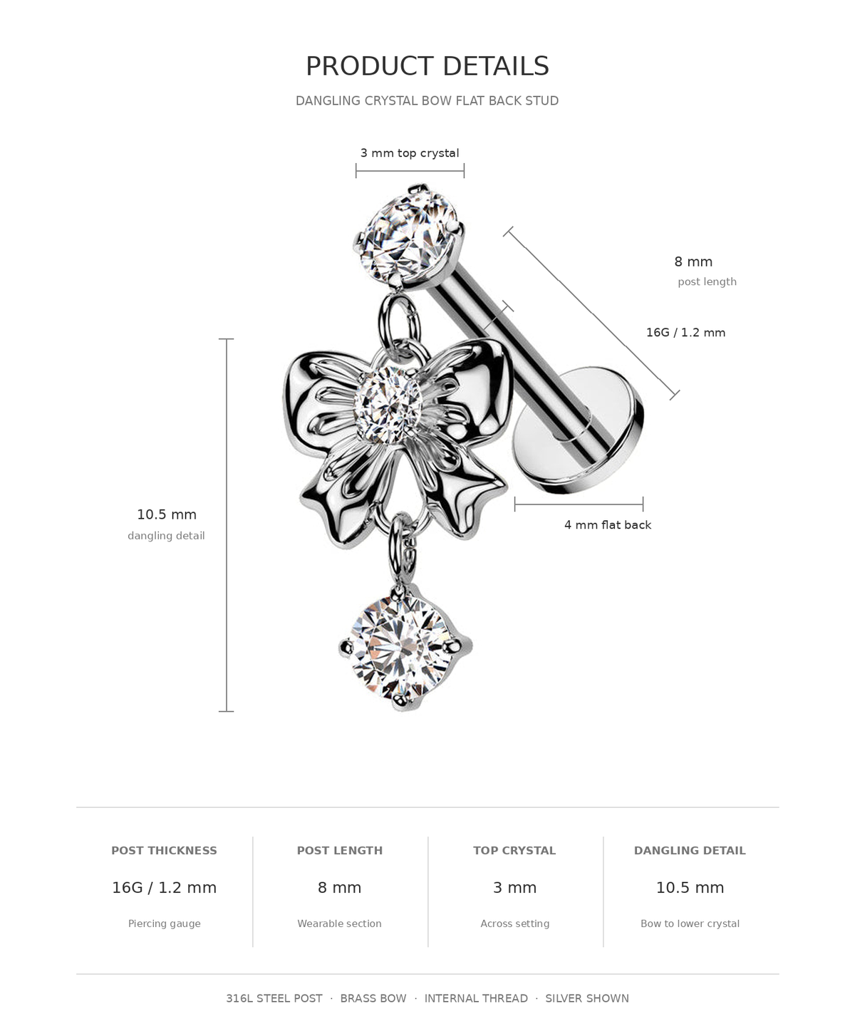 Product details diagram for a dangling crystal bow flat back stud piercing, showing a silver-toned bow-shaped stud with clear crystals and dimension labels for post length, dangling detail, top crystal size, and flat back.