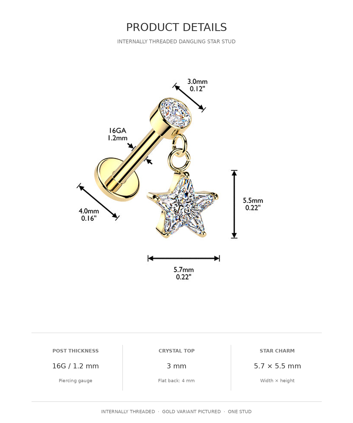 Product details diagram of a gold internally threaded dangle piercing stud with a star charm, showing dimensions, crystal top size, and post thickness on a white background.