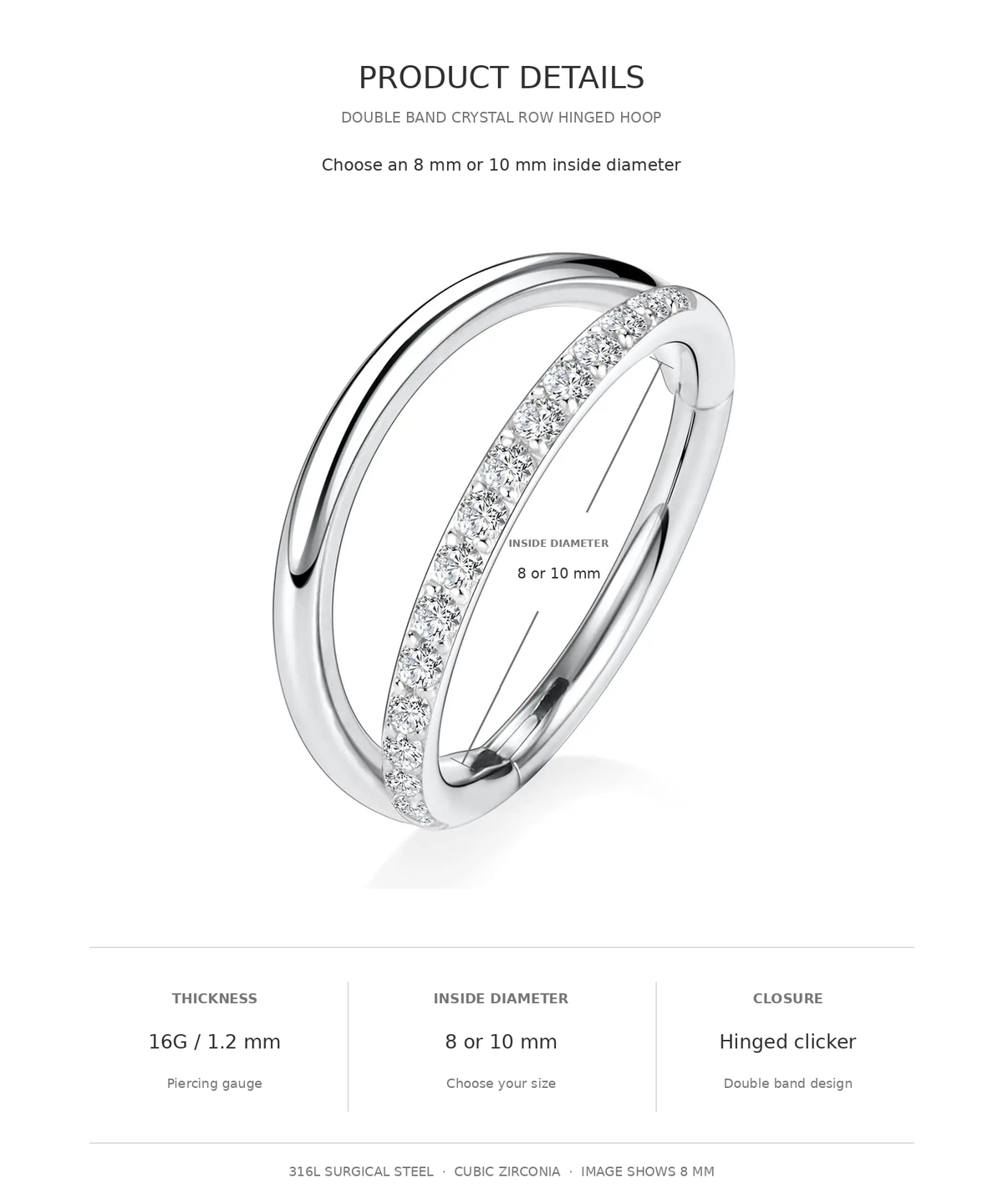 Product details graphic for a silver double-band hinged hoop ring with a row of clear crystals on one band. The image includes a rendered ring, sizing text indicating 8 or 10 mm inside diameter, and specifications for thickness, inside diameter, and closure at the bottom on a white background.