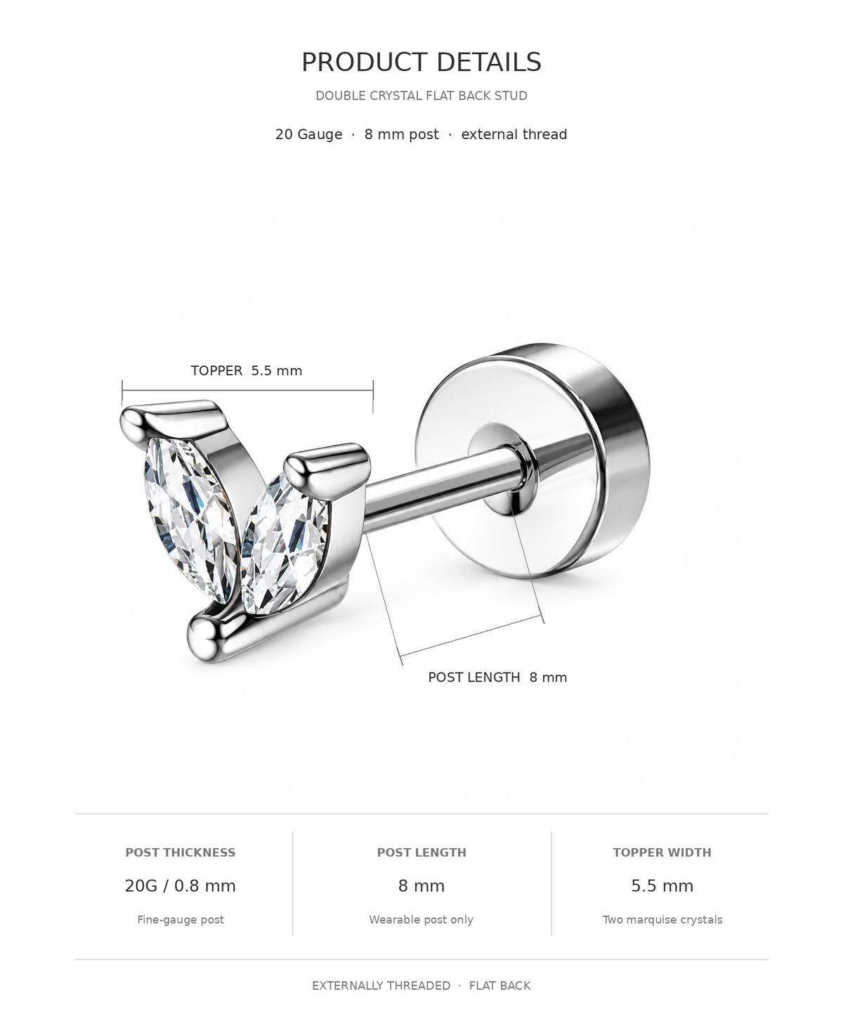 Product details diagram of a double crystal flat back stud piercing, showing a silver-toned post with two clear marquise-cut crystals and dimension labels for top, post length, and post thickness on a white background.