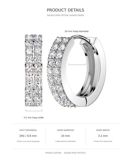 Product details graphic for double row crystal huggie hoops, showing a pair of silver-toned hoop earrings with embedded clear crystals, labeled with dimensions including 10 mm hoop diameter, 3.2 mm hoop width, and 2.