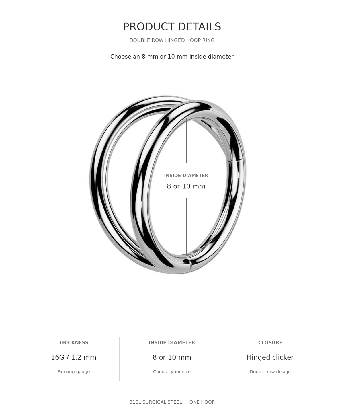 Product details graphic for a double row hinged hoop ring, showing a polished silver-toned hoop with text indicating inside diameter options of 8 or 10 mm, thickness 16G / 1.2 mm, and hinged clicker closure on a white background.