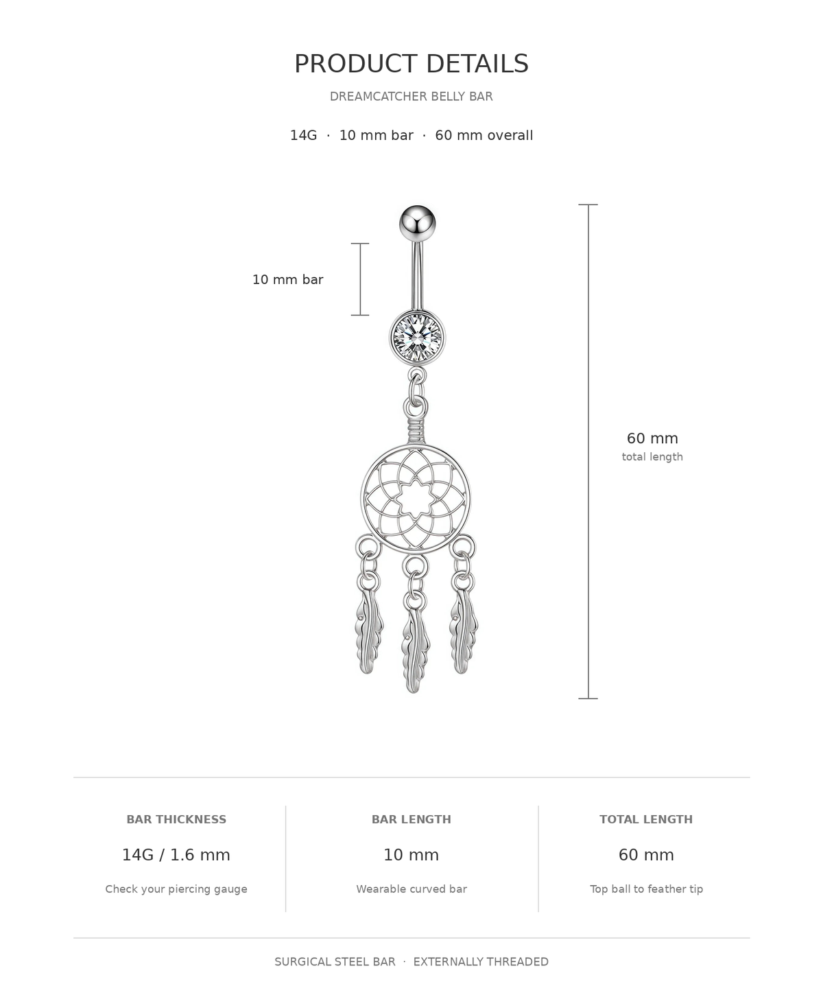 Product details diagram for a dreamcatcher belly bar, showing a silver-toned curved barbell with a crystal charm and dangling dreamcatcher-style charms, with measurements labeled 10 mm bar, 10 mm bar length, and 60 mm total length on a white background.