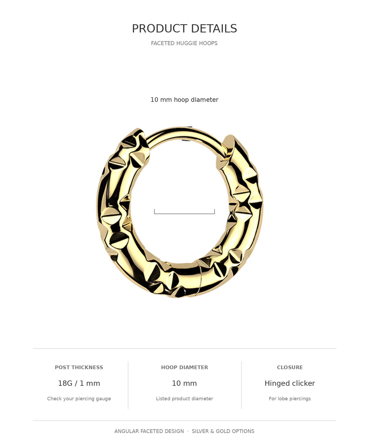 Product details graphic for a faceted huggie hoop earring, showing a polished gold-toned hoop with a horizontal measurement scale line across the center. Text lists 10 mm hoop diameter, 18G / 1 mm post thickness, 10 mm hoop diameter, and hinged clicker closure.