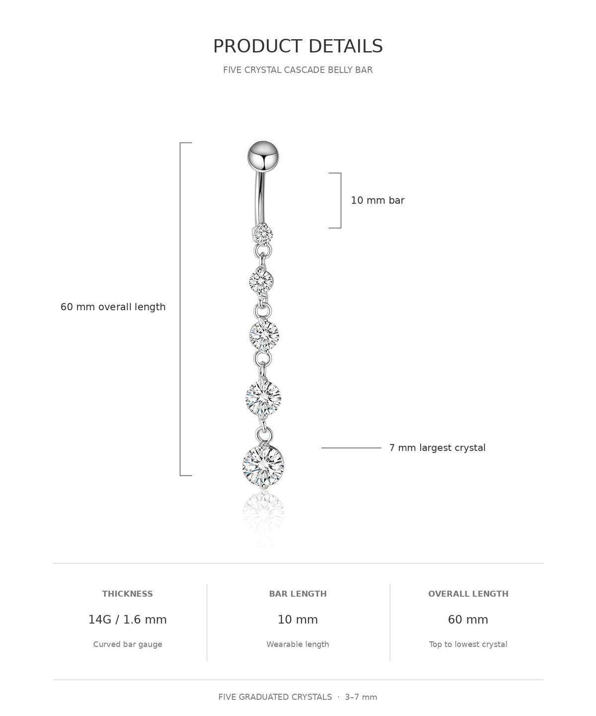 14G Five Crystal Cascade Belly Bar size and measurement guide