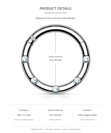 Product details graphic for a hinged five crystal hoop piercing ring, showing a silver-tone circular ring with five clear crystals and text listing thickness, inside diameter, and material.