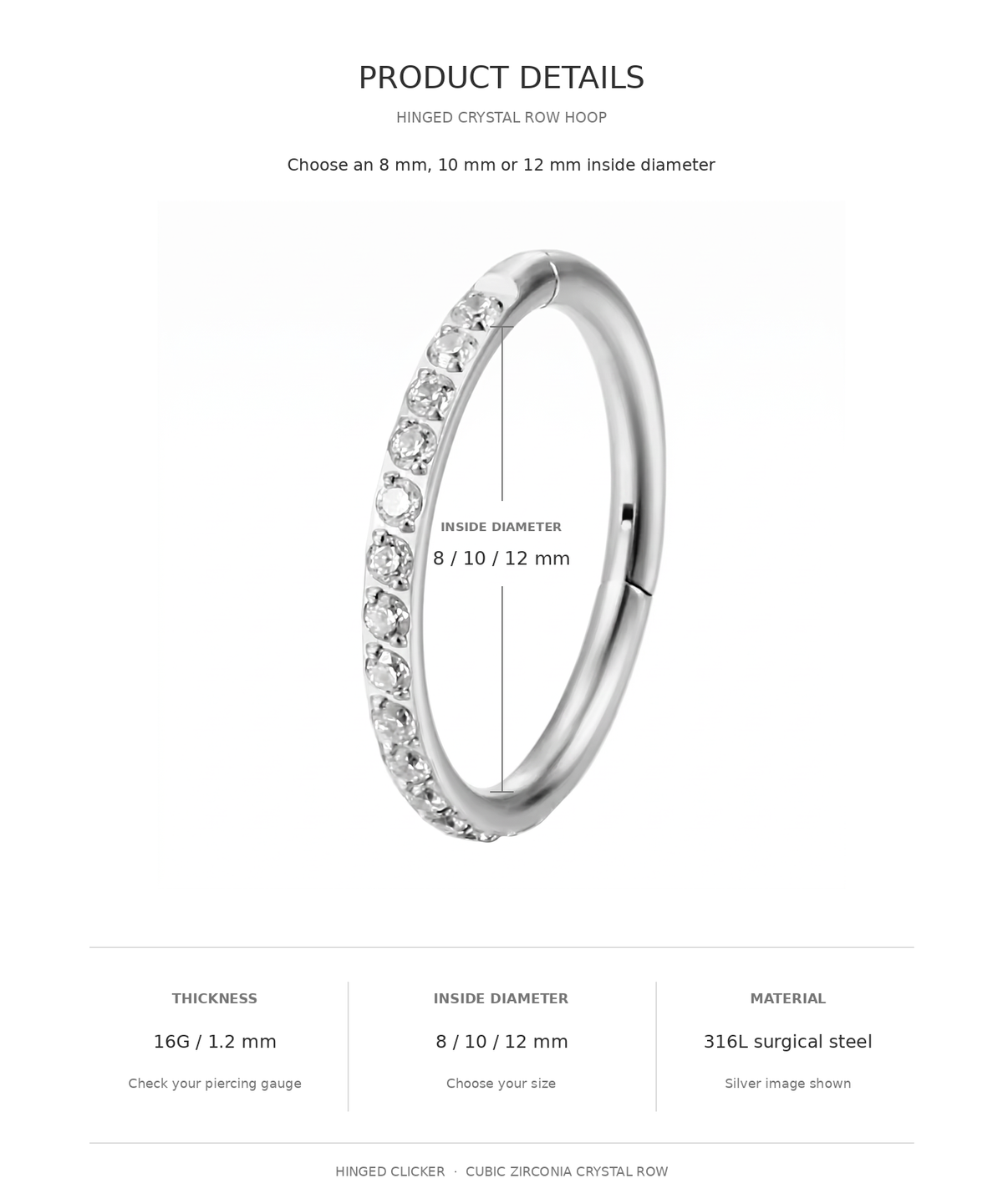 Product details graphic for a titanium crystal crossover hinged hoop ring, showing a silver-toned hoop with one side set with clear crystals and text indicating inside diameter options of 8 or 10 mm.