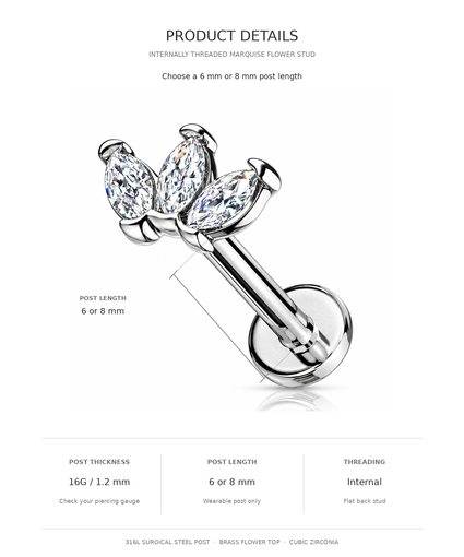 Product details graphic for an internally threaded marquise flower stud barbell piercing. The image shows a silver-tone barbell with three marquise-cut clear stones and text listing post length (6 or 8 mm), post thickness (16G / 1.