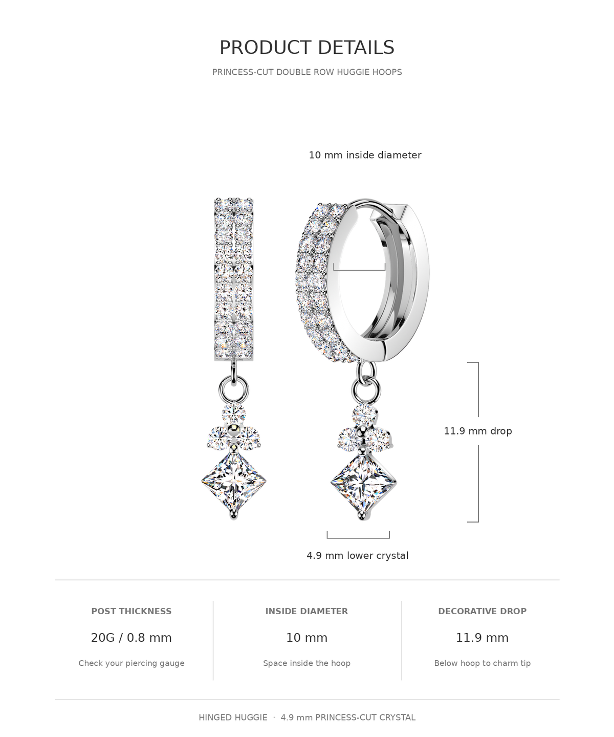 Product details diagram for princess-cut double row huggie hoop earrings, showing a side and front view with measurements for inside diameter, drop length, and lower crystal length on a white background.