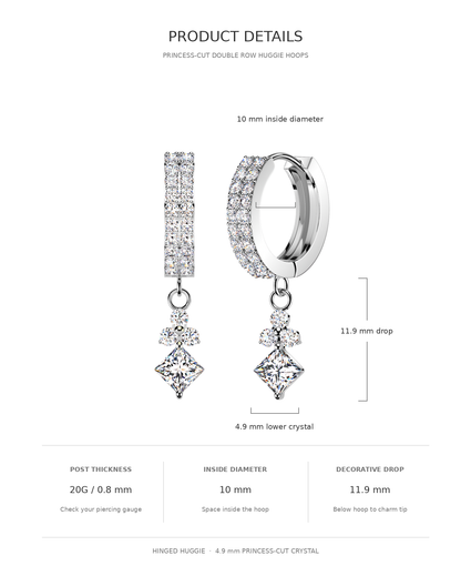 Product details diagram for princess-cut double row huggie hoop earrings, showing a side and front view with measurements for inside diameter, drop length, and lower crystal length on a white background.