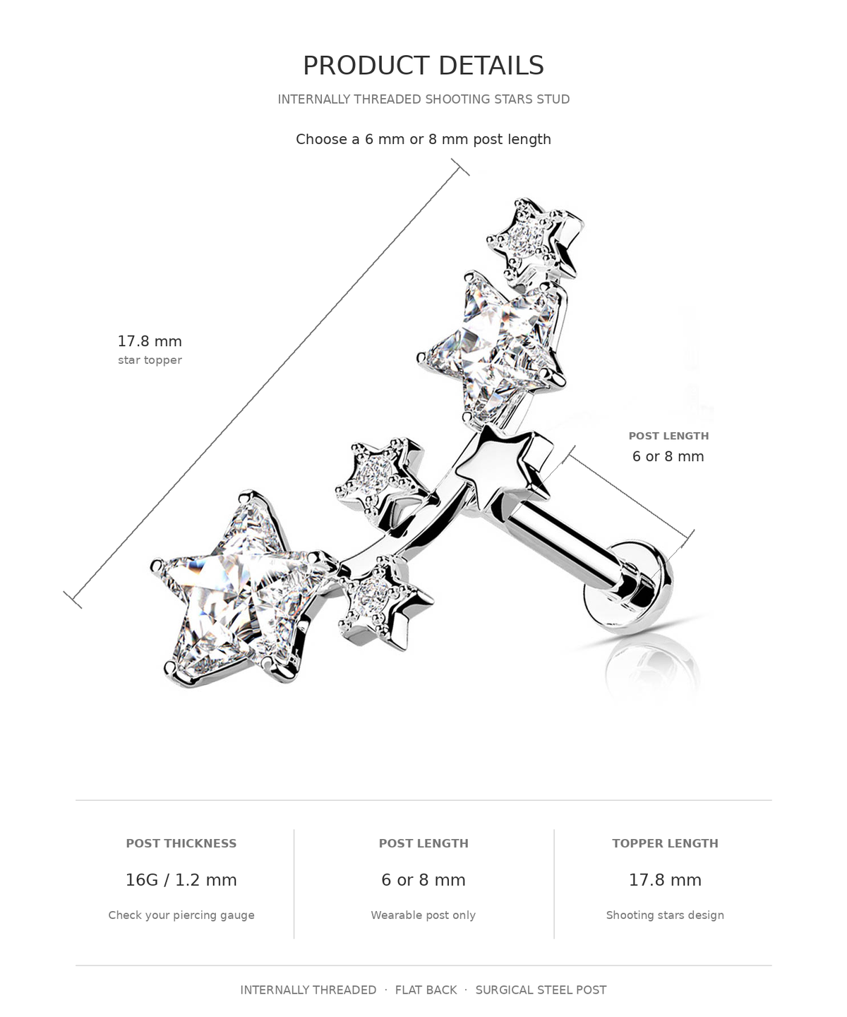 Product details diagram for an internally threaded shooting stars stud piercing. The image shows a silver-toned barbell stud with two star-shaped crystal tops, labeled with dimensions: 17.