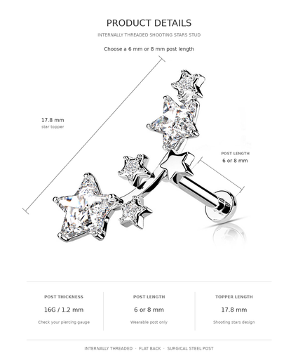 Product details diagram for an internally threaded shooting stars stud piercing. The image shows a silver-toned barbell stud with two star-shaped crystal tops, labeled with dimensions: 17.