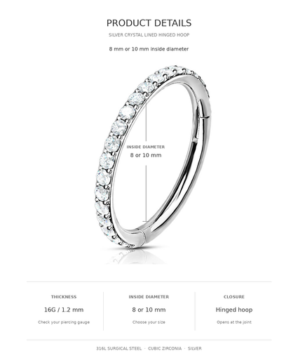 Silver crystal-lined hinged hoop ring shown on a white background with product details text, including inside diameter options of 8 or 10 mm and thickness of 16G / 1.2 mm.