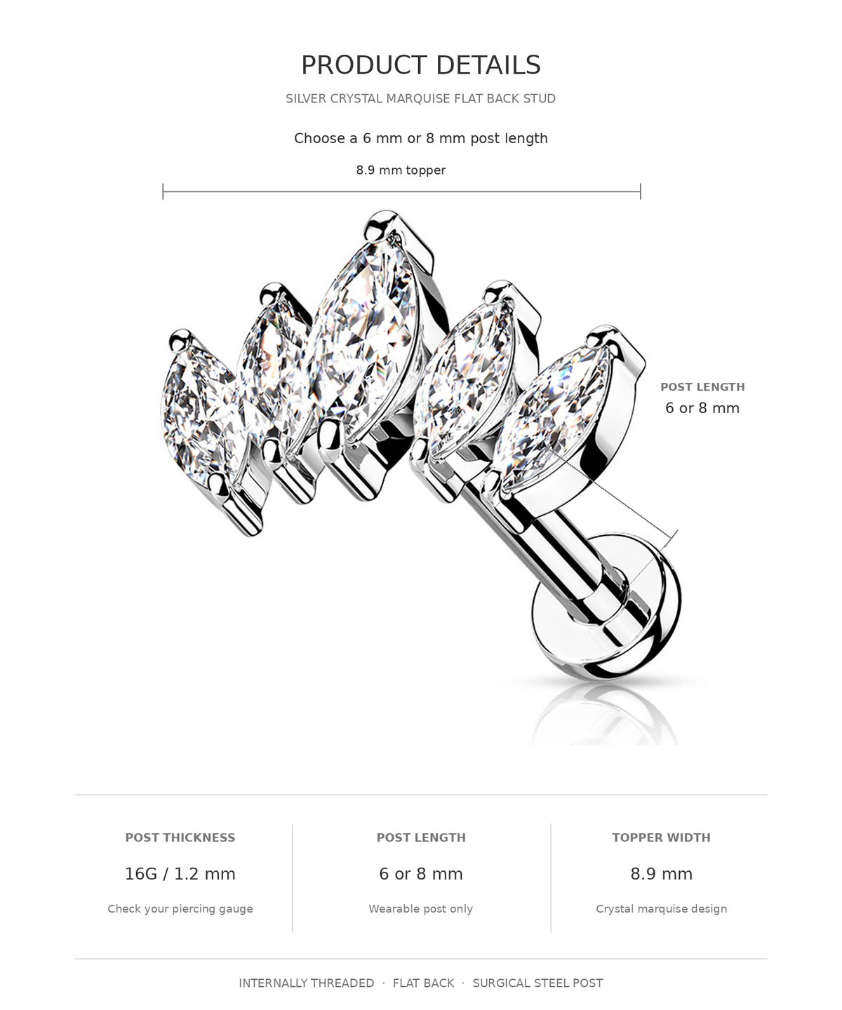Product details diagram for a silver crystal marquise flat back stud earring, showing a 3D rendering of the earring with annotations for post length (6 or 8 mm), post thickness (16G / 1.2 mm), and topper width (8.