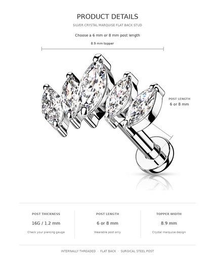 Product details diagram for a silver crystal marquise flat back stud earring, showing a 3D rendering of the earring with annotations for post length (6 or 8 mm), post thickness (16G / 1.2 mm), and topper width (8.