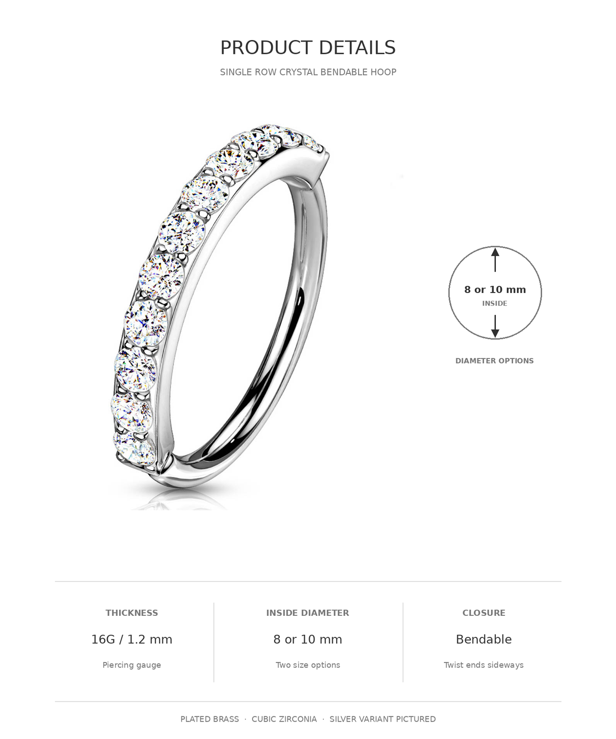 Product details graphic for a single-row crystal bendable hoop ring. The ring is shown on a white background with text specifying it is 16G/1.