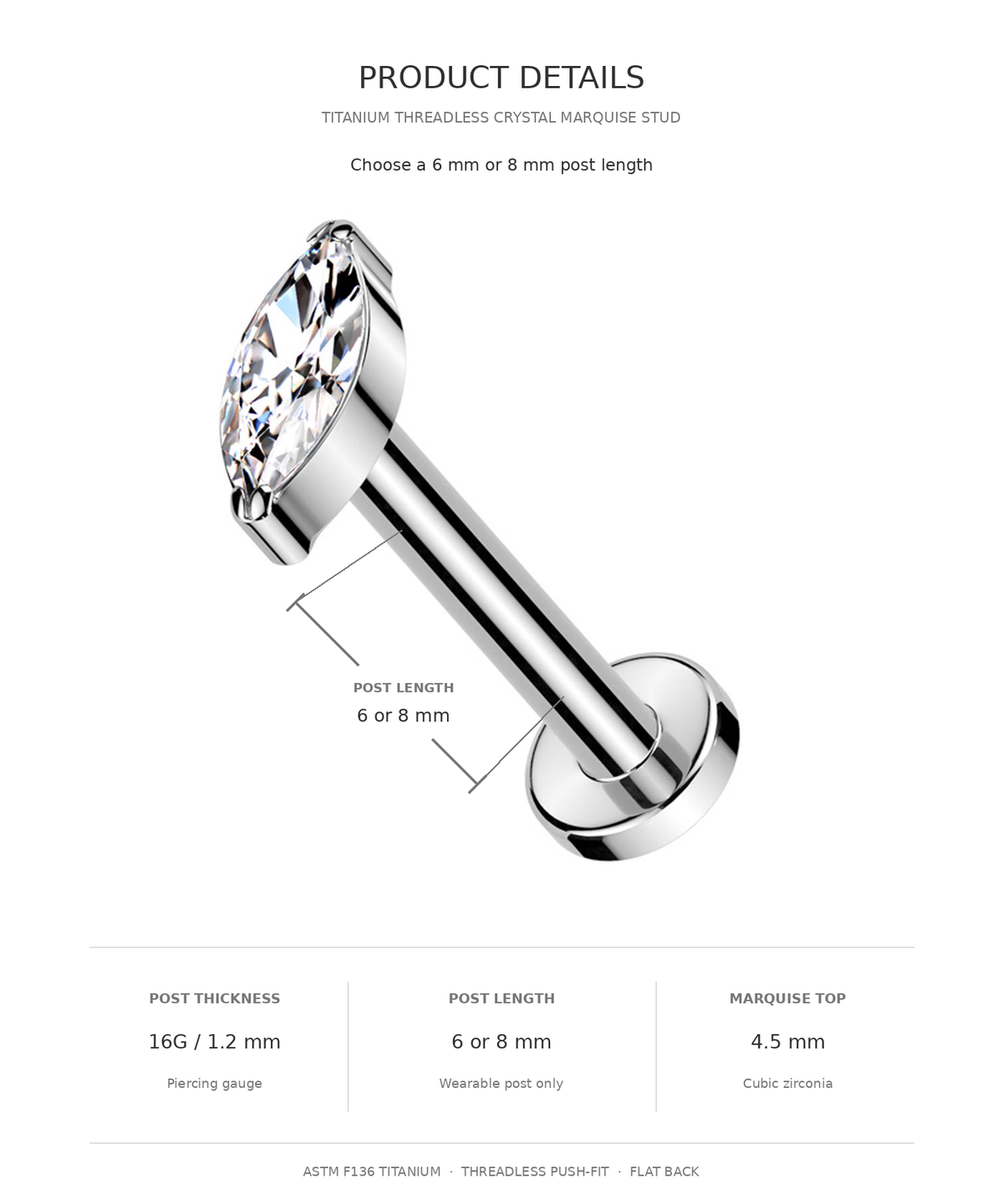 Product details graphic for a titanium threadless crystal marquise stud piercing jewelry, showing a 6 mm post length option with labeled dimensions and specifications on a white background.