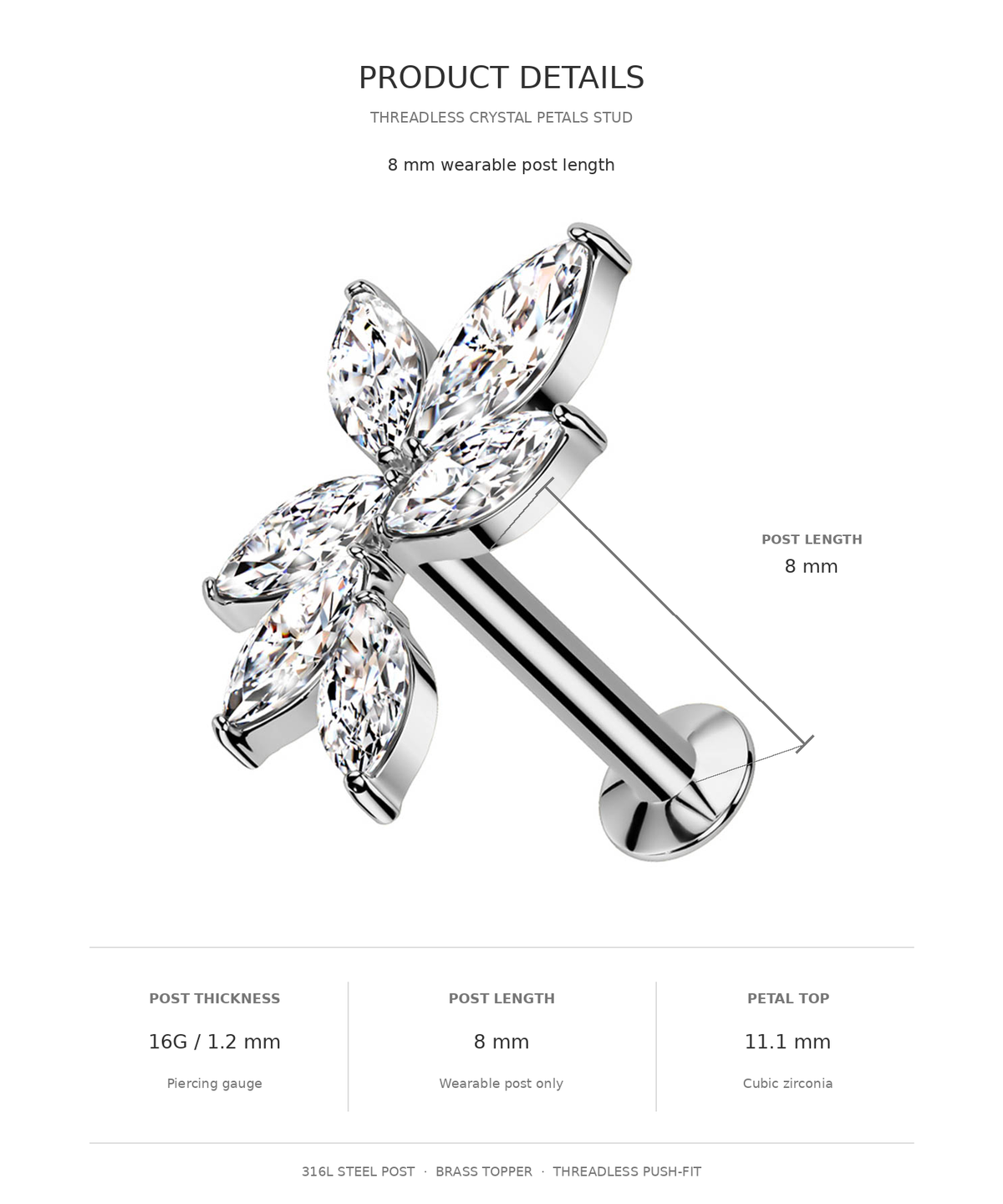 Product details graphic for a threaded crystal stud piercing jewelry piece, showing a silver-toned post with a flower-shaped crystal top on a white background with text listing post thickness, post length, and petal top measurements.