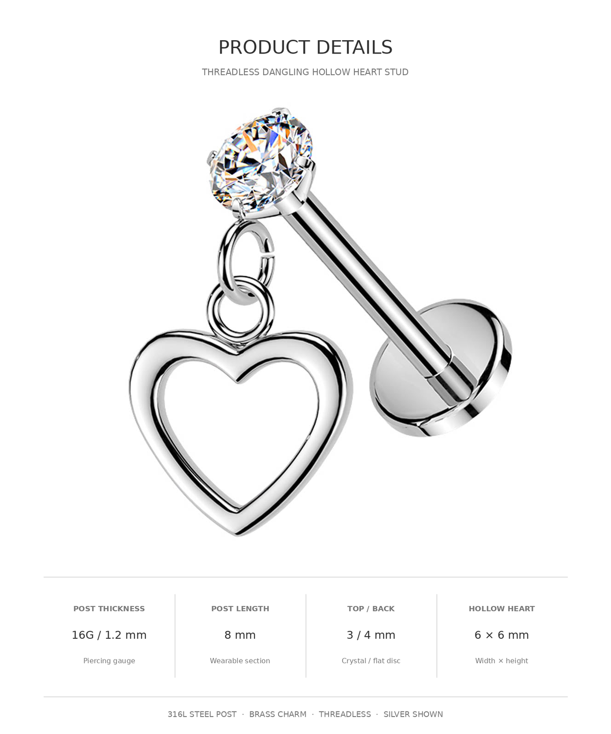 Threadless hollow heart stud piercing jewelry shown on a white background with product details text and measurements below. The piece has a polished silver-tone post, a dangling open heart charm, and a clear faceted crystal top.