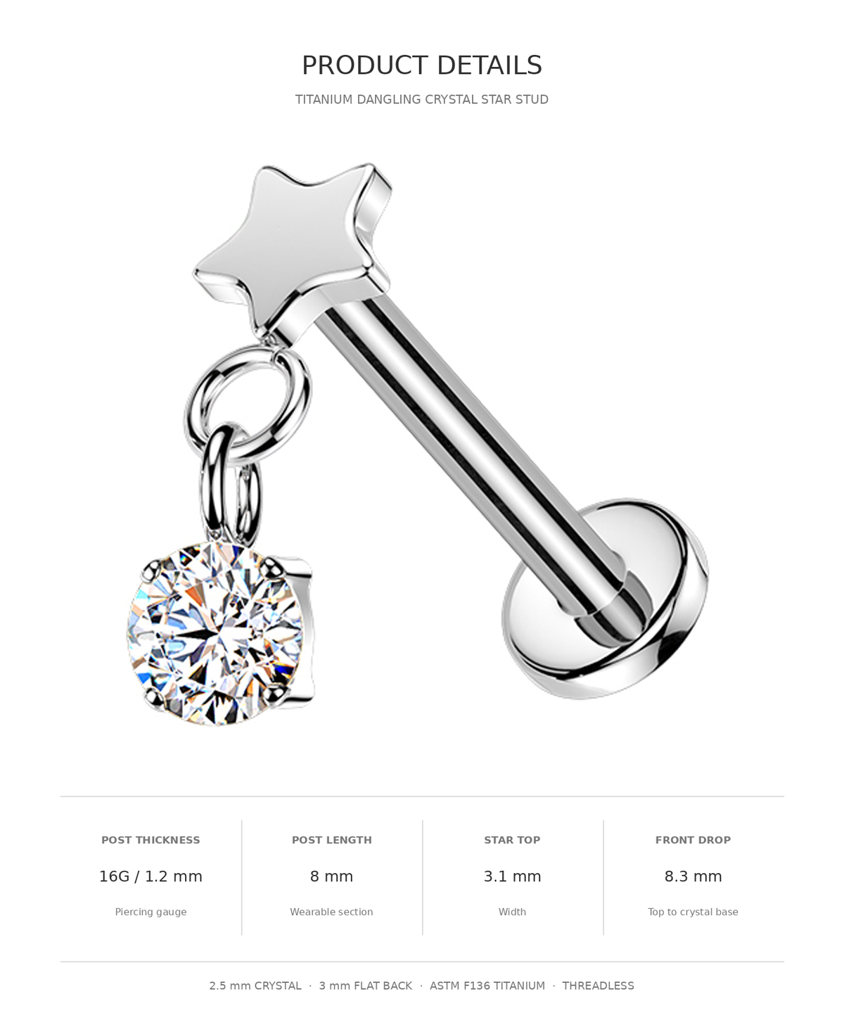 Product details graphic for a titanium dangle ring featuring a star-shaped top and a round clear crystal charm. The image includes a rendered view of the silver-toned jewelry piece with a faceted gemstone, measurement specs, and a clean white background.