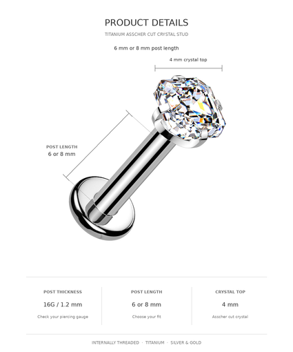 Product details diagram for a titanium ascher cut crystal stud piercing, showing a silver-colored barbell with a faceted clear crystal top on a white background with text detailing measurements and materials.