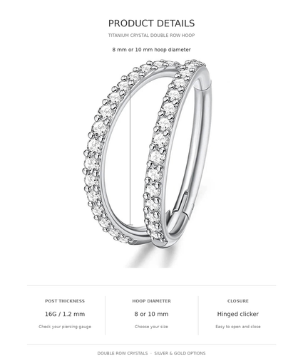 Product details graphic for a silver double row hoop ring, showing a polished titanium crystal ring with two rows of clear crystals. The text specifies 8 mm or 10 mm hoop diameter, 16G / 1.