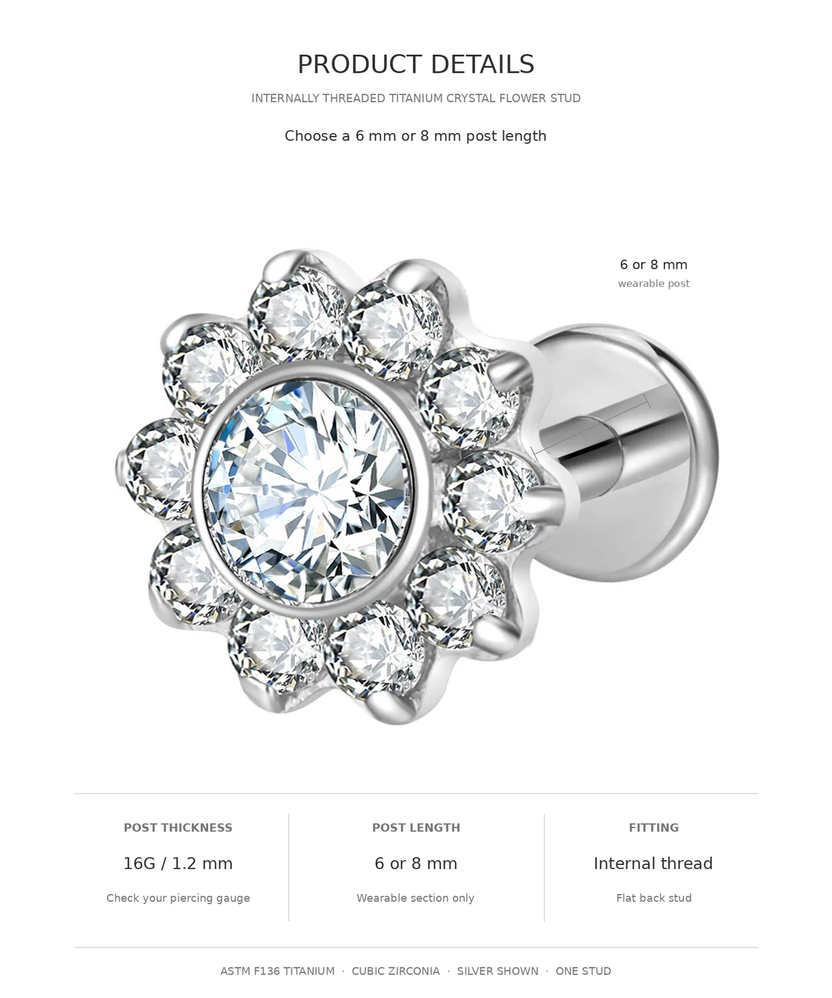 Product details graphic for a flower-shaped stud earring. The image shows a silver-toned internally threaded titanium crystal flower stud with a large clear center stone and smaller surrounding stones, plus text describing post length options (6 mm or 8 mm) and fit information on a white background.