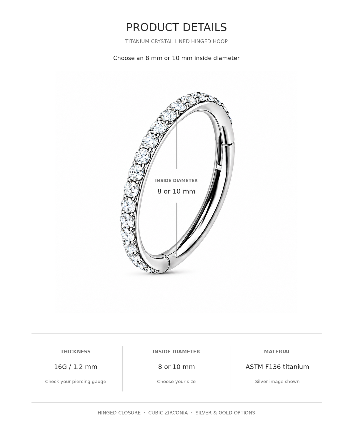 Product details graphic for a titanium crystal-lined hinged hoop earring, showing a silver-toned ring with a row of clear crystals and text indicating inside diameter options of 8 or 10 mm, plus thickness and material details below.