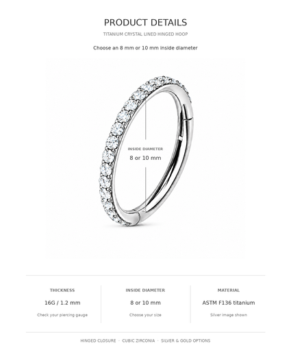 Product details graphic for a titanium crystal-lined hinged hoop earring, showing a silver-toned ring with a row of clear crystals and text indicating inside diameter options of 8 or 10 mm, plus thickness and material details below.