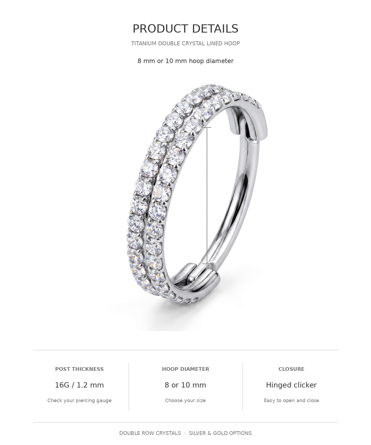 Product details graphic for a titanium double crystal lined hoop piercing ring, showing a silver-toned hoop with two rows of clear crystals on a white background with text detailing size, post thickness, and closure.