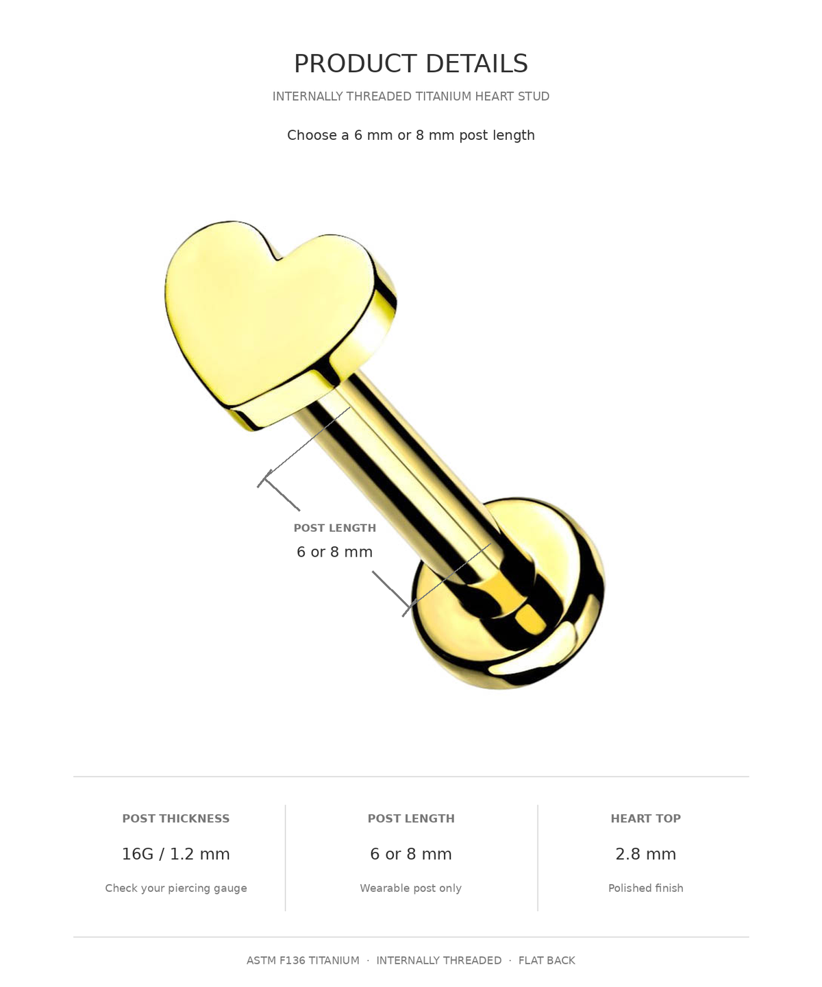 Product details graphic for a gold heart-shaped stud earring, showing a 3D rendering of the earring with post length and post thickness measurements, and text specifying titanium material and flat back style.