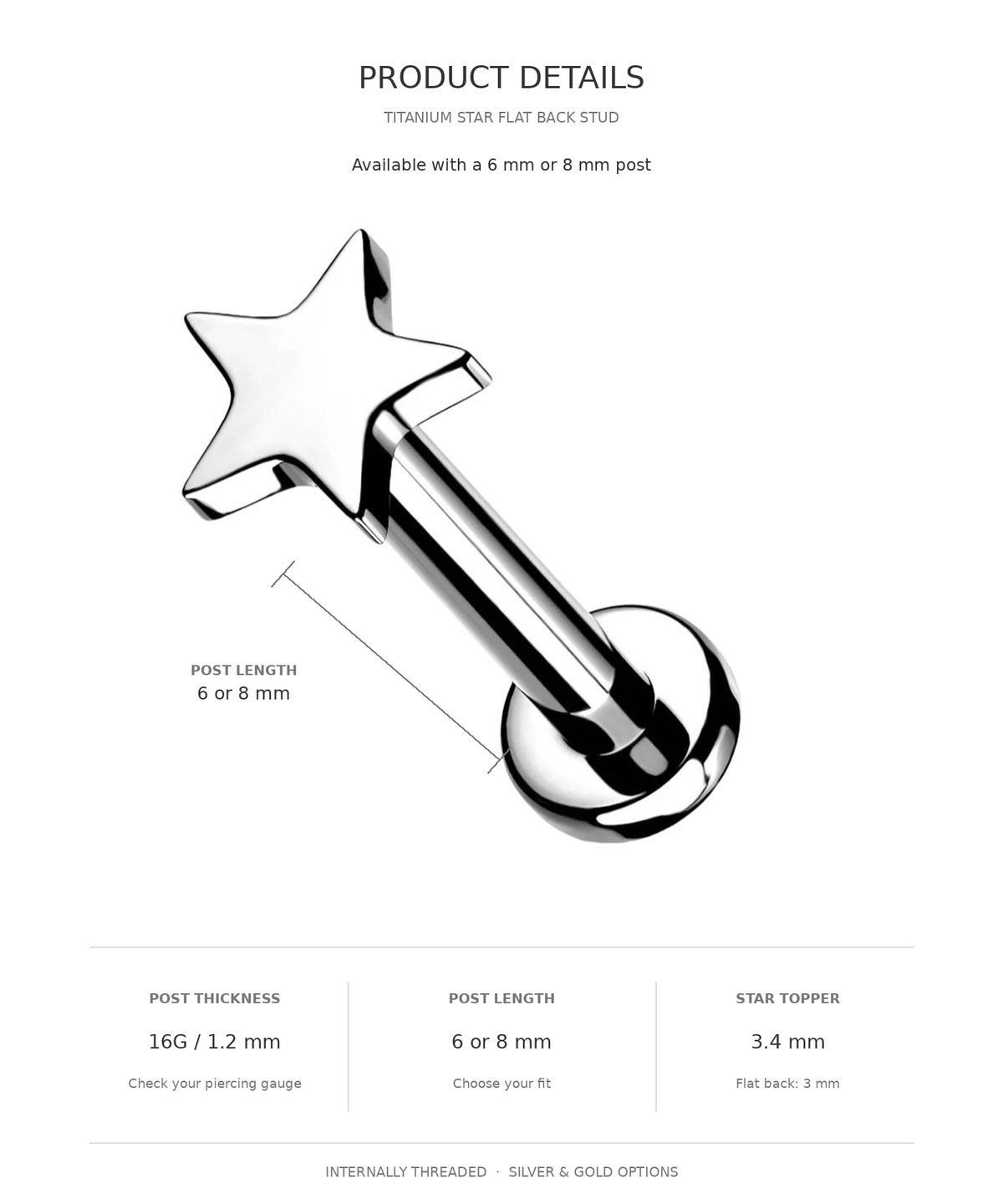 Product details graphic for a titanium star flat back stud piercing, showing a 3D rendering of the silver-toned stud with a star-shaped top and ball back, along with text listing post length, post thickness, and star topper size.