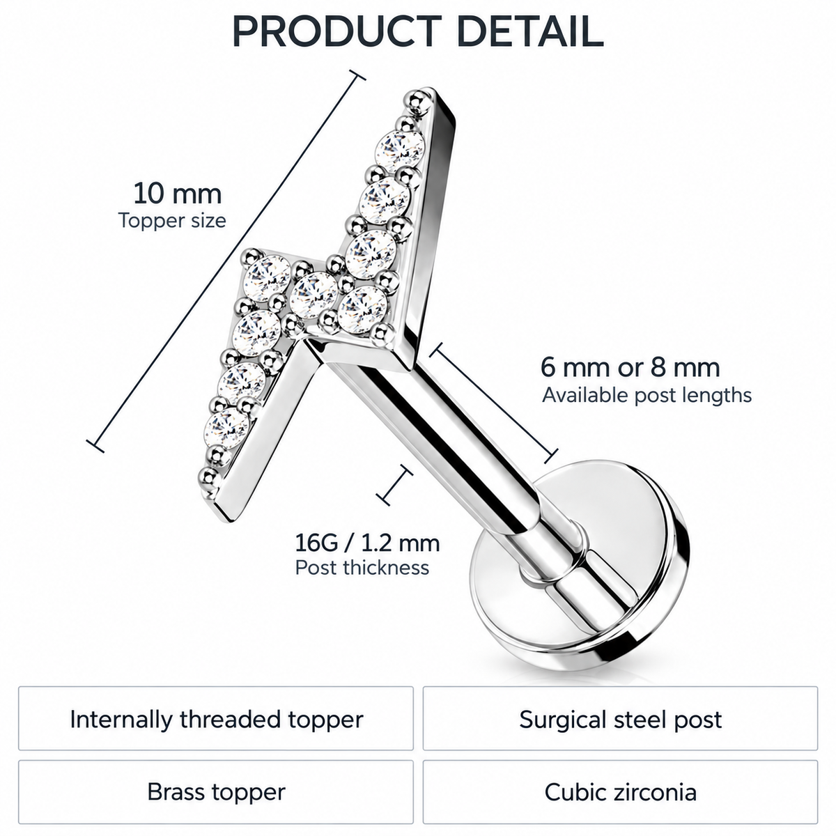 Product detail graphic showing a silver-toned T-shaped labret stud with a cubic zirconia-studded topper, labeled with dimensions including 10 mm topper size, 6 mm or 8 mm post length, and 16G / 1.2 mm post thickness.