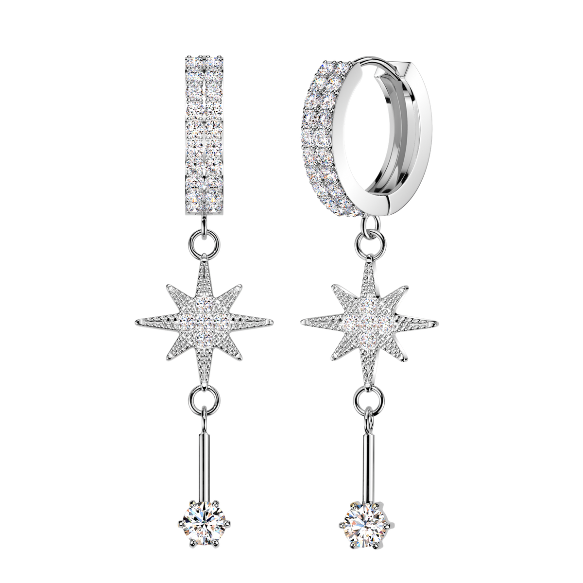 Dangling Crystal Starburst Double Row Huggie Hoop Earrings