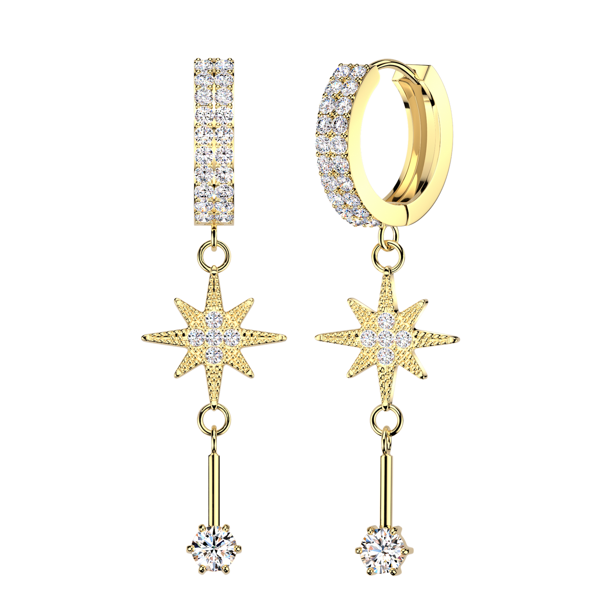 A pair of gold huggie hoop earrings with pavé-set clear stones, a vertical bar of stones, and dangling starburst charms with a hanging rod ending in a round clear stone, shown on a plain white background.