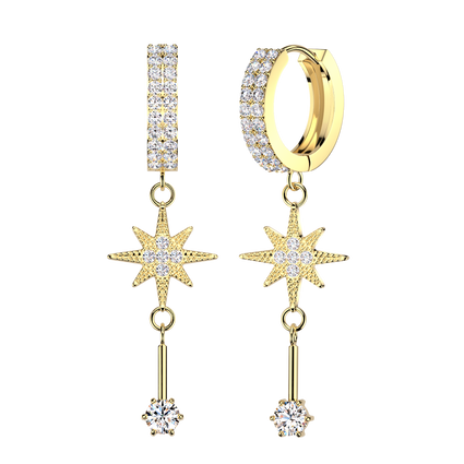 A pair of gold huggie hoop earrings with pavé-set clear stones, a vertical bar of stones, and dangling starburst charms with a hanging rod ending in a round clear stone, shown on a plain white background.