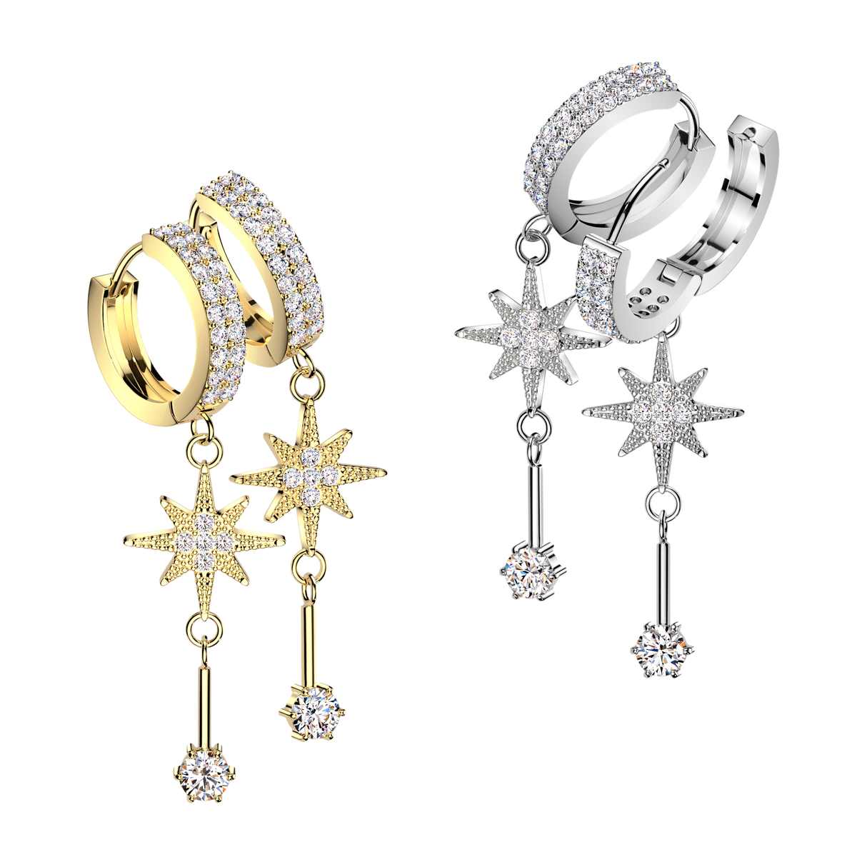 Two pairs of huggie hoop earrings with dangling star and key motifs, shown in yellow gold and silver metal finishes. The hoops and stars are set with clear pavé stones, and each dangling piece culminates in a round clear stone.