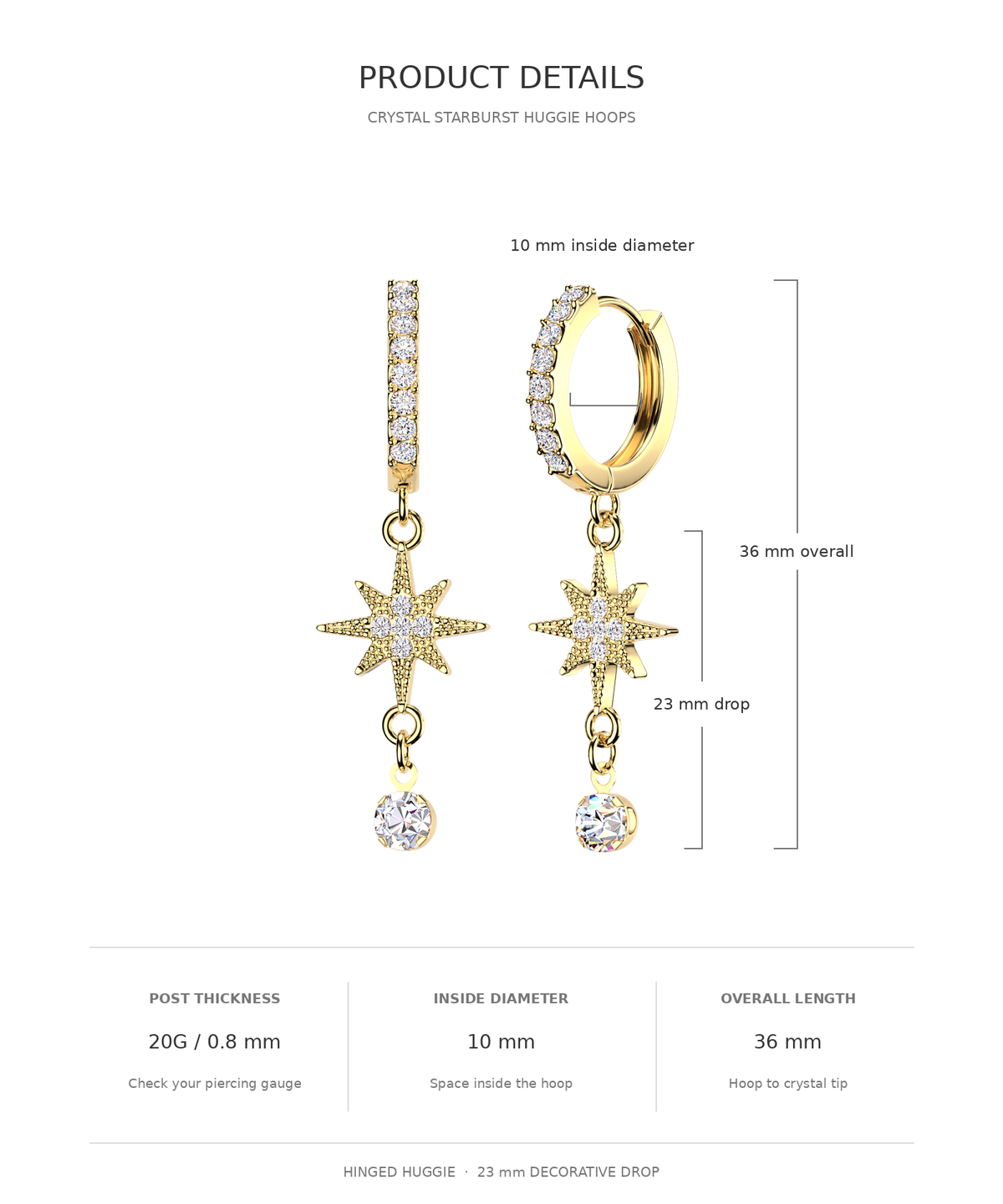 Product details diagram for crystal starburst huggie hoops, showing a pair of gold-toned huggie hoops with dangling starburst charms and clear stones, annotated with dimensions such as 10 mm inside diameter, 36 mm overall length, and 23 mm drop.