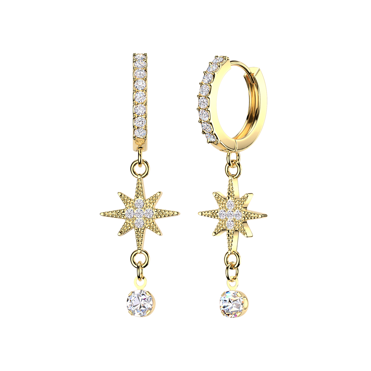 A pair of gold dangle earrings on a plain white background. One earring is a huggie hoop with a vertical bar set with clear stones, and the other is a drop earring with a starburst motif, a small link, and a round clear gemstone.