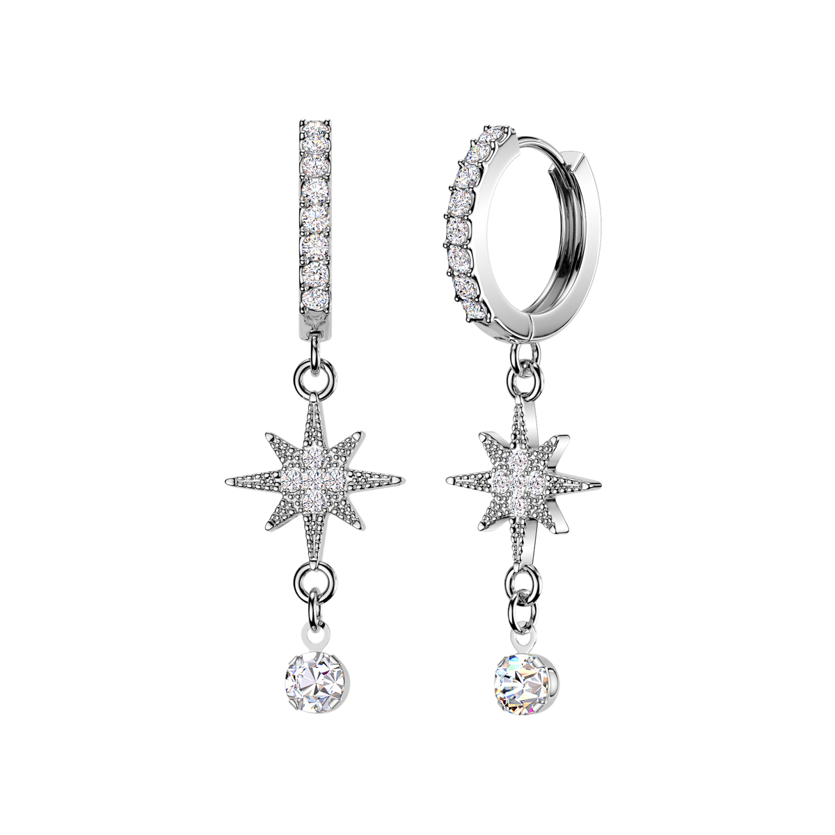 A pair of silver-toned dangle earrings with clear cubic zirconia stones, featuring a vertical bar with a pavé-set top, a starburst charm, and a dangling round stone, shown on a plain white background.
