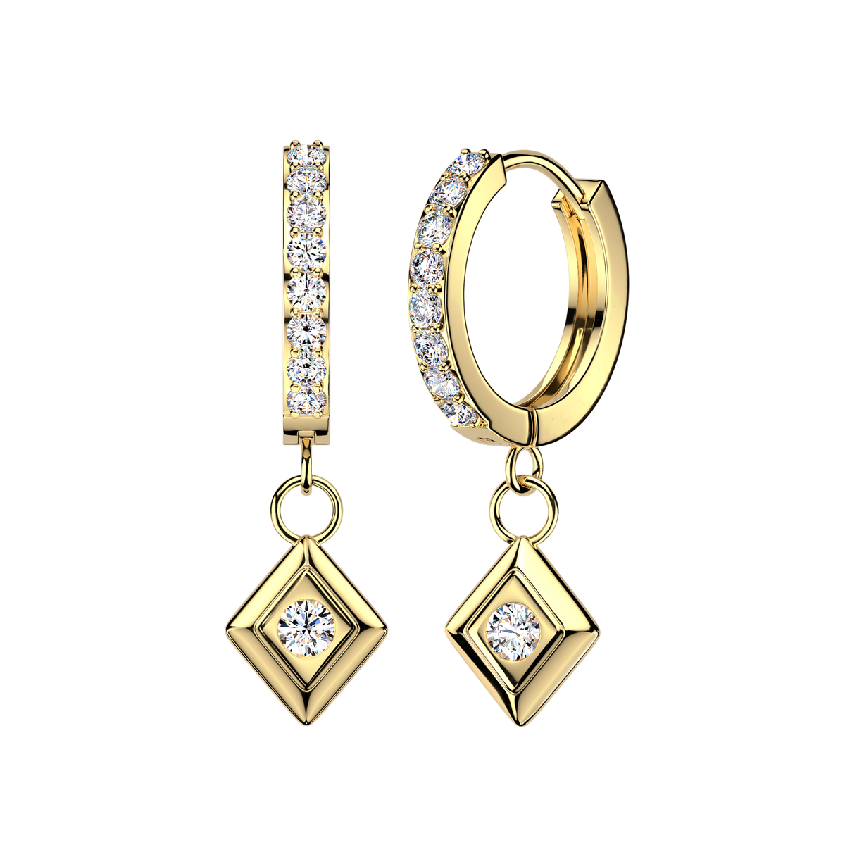 A pair of gold hoop and drop earrings with clear gemstones, shown on a plain white background. One earring is a hoop with a vertical bar of round-cut stones, and the other is a huggie hoop with a diamond-shaped drop set with a central round-cut stone.