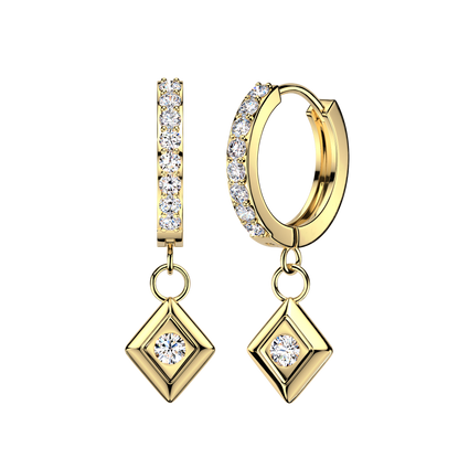 A pair of gold hoop and drop earrings with clear gemstones, shown on a plain white background. One earring is a hoop with a vertical bar of round-cut stones, and the other is a huggie hoop with a diamond-shaped drop set with a central round-cut stone.