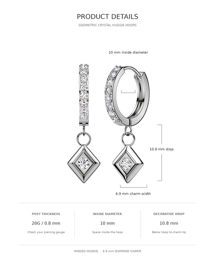 Product details diagram for silver huggie hoop earrings with clear crystal diamond charms, showing measurements, weight, and dimensions on a white background.