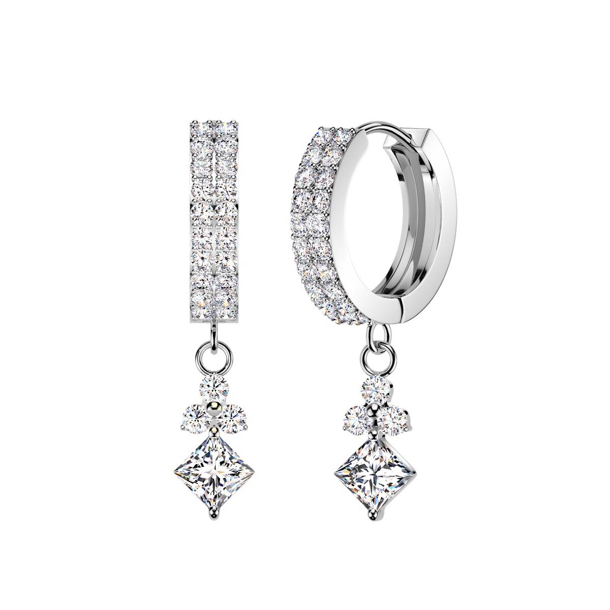 A pair of silver huggie hoop earrings with pavé-set clear stones, featuring a vertical bar drop and a diamond-shaped drop on a plain white background.