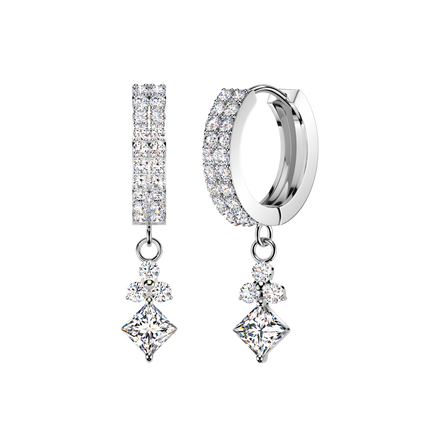 A pair of silver huggie hoop earrings with pavé-set clear stones, featuring a vertical bar drop and a diamond-shaped drop on a plain white background.