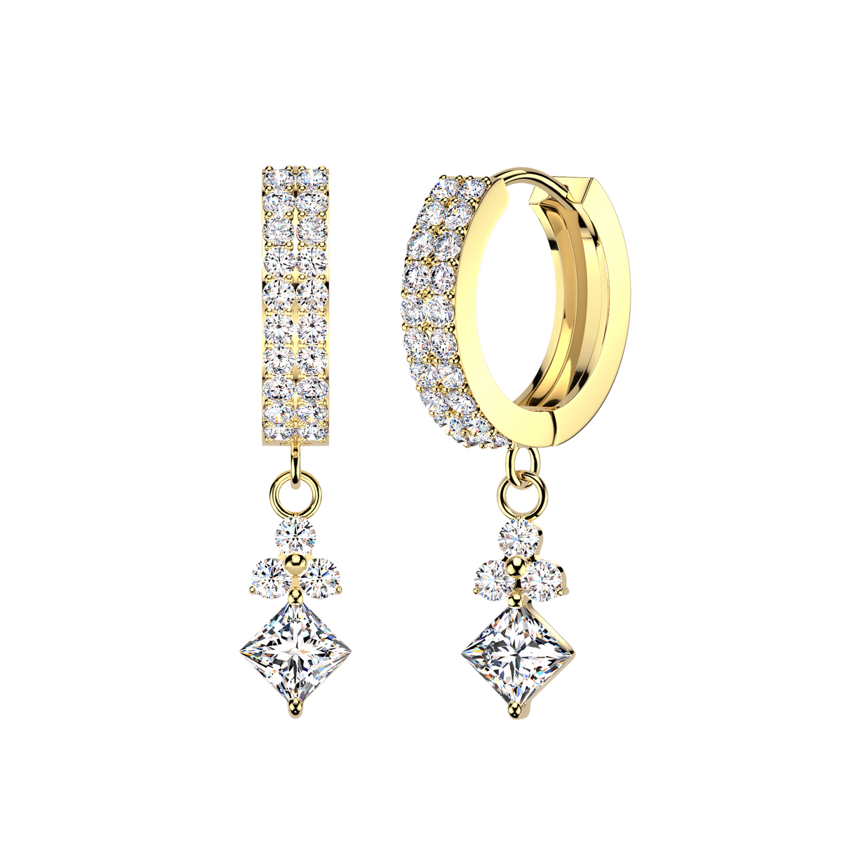 A pair of gold huggie hoop earrings with pavé-set clear gemstones, featuring a vertical rectangular drop on one earring and a diamond-shaped drop on the other, shown against a plain white background.