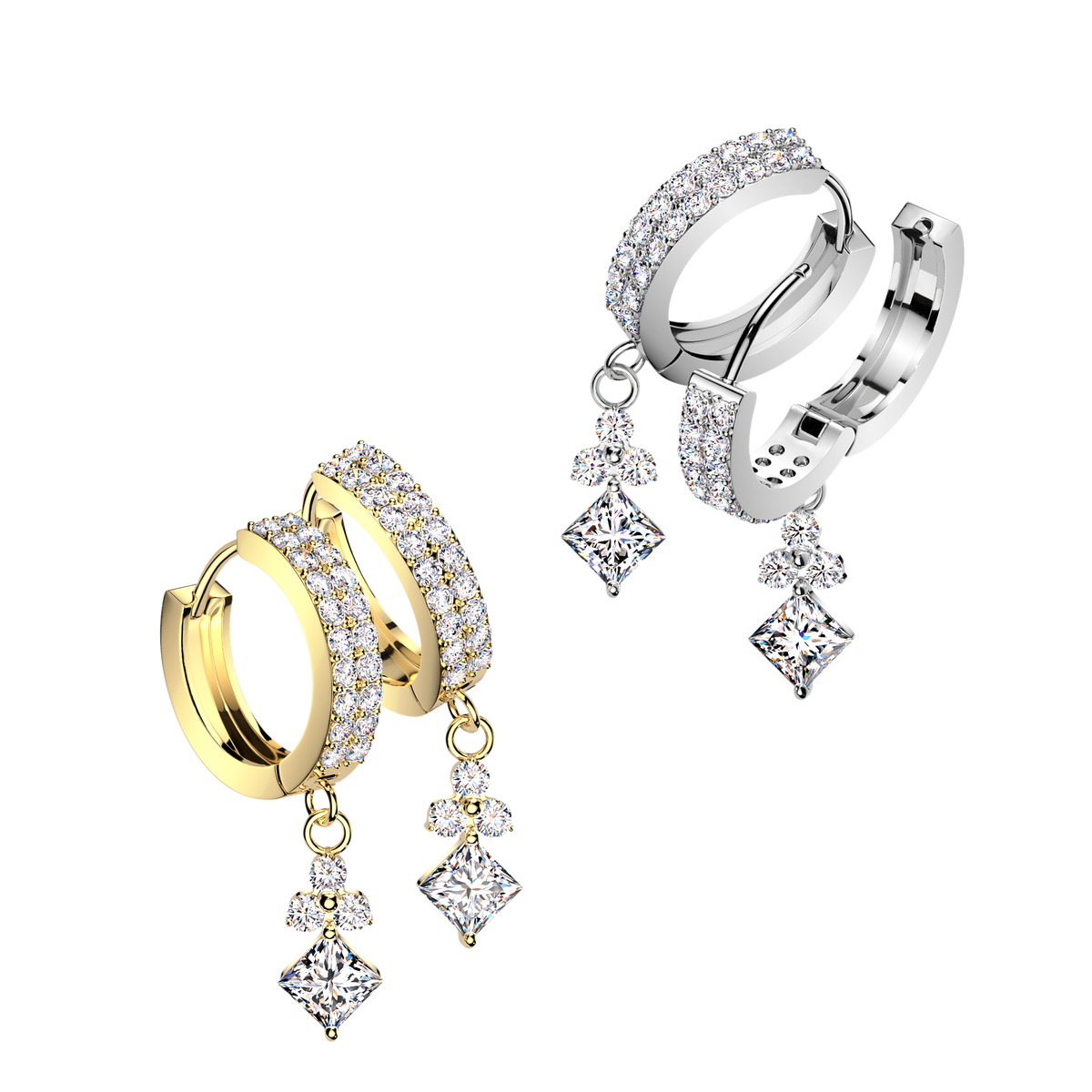 Two pairs of huggie hoop earrings with dangling princess-cut diamond charms, shown in yellow gold and silver-tone metal on a plain white background.