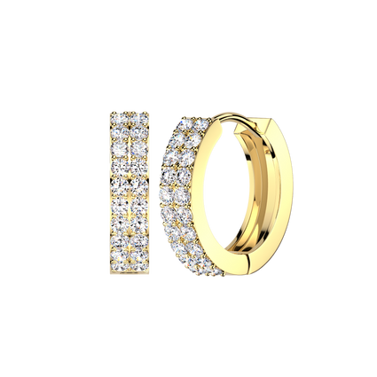 A pair of gold huggie hoop earrings paved with clear cubic zirconia stones, shown from two angles on a plain white background.