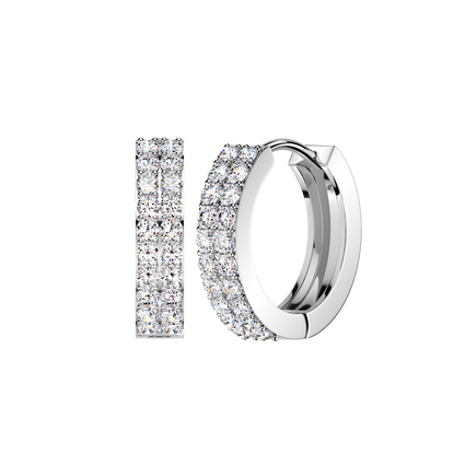 A pair of silver huggie hoop earrings with pavé-set clear stones, shown from both front and side angles on a plain white background.
