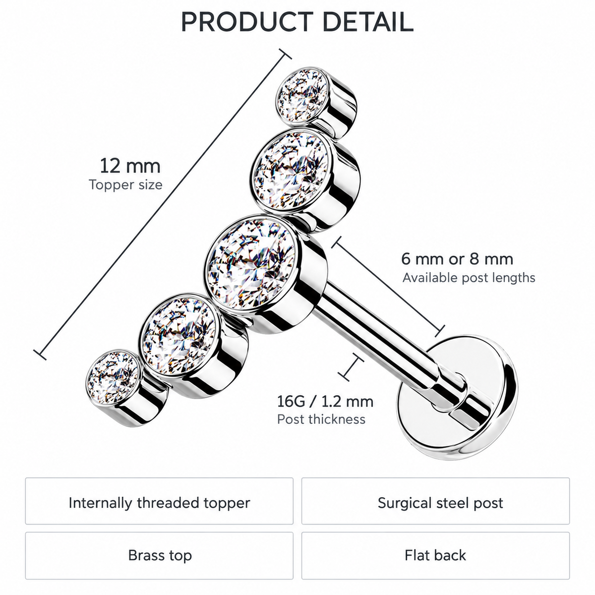 product size diagram for curved cartilage stud